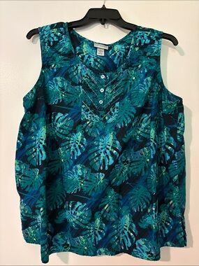 Catherines Teal and Blue Tropical Leaf Tank Top